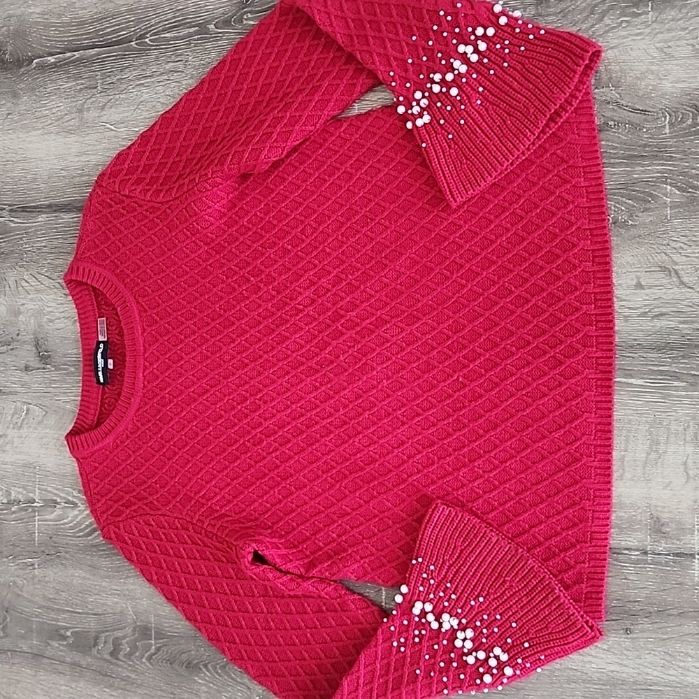 Karl Lagerfeld Paris Quilted Pearl Sleeve Crewneck Sweater Red Medium
